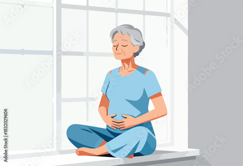 An elderly person in a lotus pose near a window, eyes closed, hands on abdomen, appearing tranquil