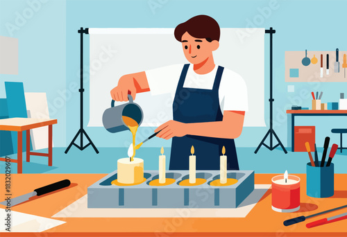 An illustrated person in a studio, pouring hot wax into candles. Workspace with tools, props, and lighting