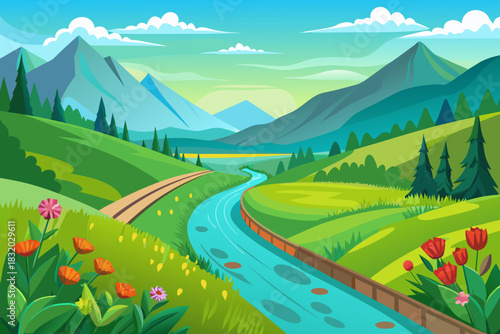 Tranquil Spring Valley with River, Mountains, and Blooming Tulips Keywords: landscape, nature, spring, river, mountains, valley, green hills