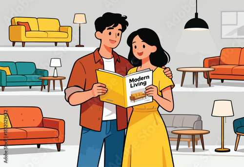 A couple reads a "Modern Living" magazine with various couches displayed, envisioning their home decor