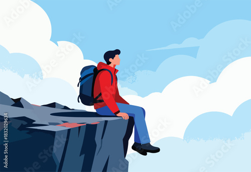 A person with a backpack sits on a cliff edge looking toward a cloud-filled sky. Simplified illustration