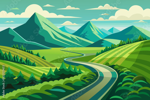 Verdant valley landscape with winding river and pine trees mountains nature