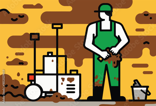 A person in overalls near a rover and bucket, seemingly examining soil in a stylized, flat design