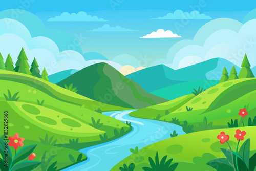 Vibrant cartoon landscape with rolling green hills and a winding blue river nature 1