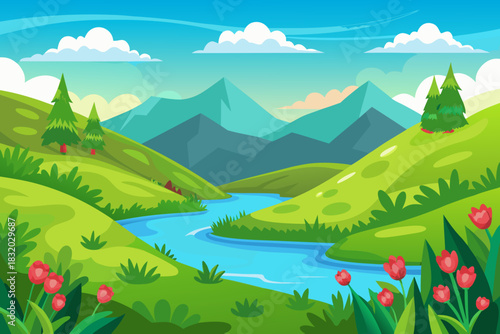 Vibrant cartoon landscape with rolling green hills and a winding blue river nature