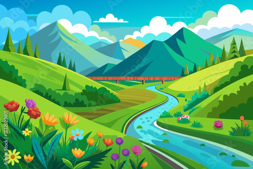 Vibrant Spring Landscape with Winding River and Mountains Keywords: landscape, nature, spring, river, mountains, valley, green hills, trees