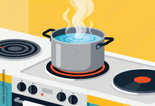 A stylized vector illustration of boiling water in a pot on an electric stove top. Steam rises