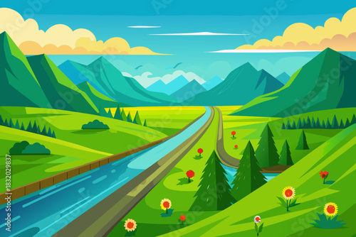 Wide river valley with distant mountains, green hills, trees, and scattered flowers under a cloudy sky