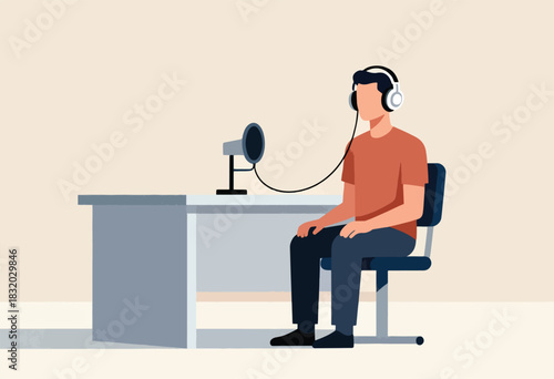 Illustration of a person with headphones, sitting at a desk with a microphone, ready to record a podcast