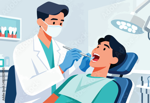 Illustration depicts a dentist examining a patient's mouth.  Dental tools and examination equipment in the scene