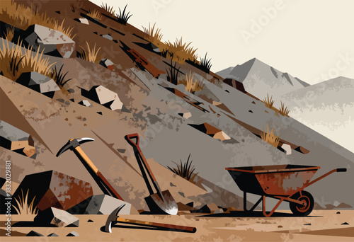 Earthy illustration of a rocky hillside with tools pickaxe, shovel, wheelbarrow. Mountains and plants complete the scene