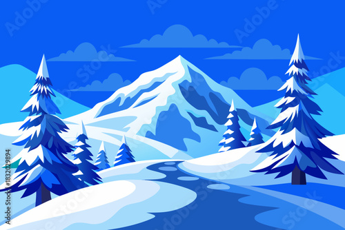 Winding snowy road through winter forest with majestic mountain backdrop Keywords: winter, snow, landscape, mountains, pine trees, road, path