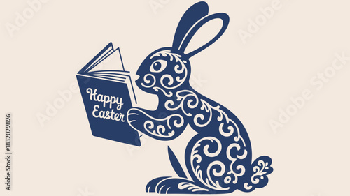 Ornate blue easter bunny reading a book with happy easter message on a cream background