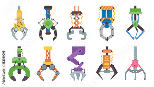 Colorful robotic claw collection with various designs front view