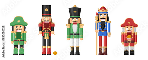 Colorful nutcracker soldiers collection featuring various uniforms and designs