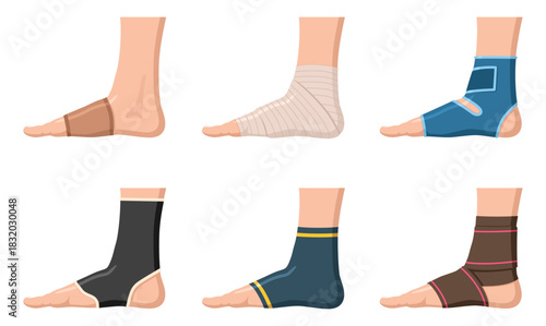 Various ankle support braces and bandages on caucasian adult feet for injury prevention
