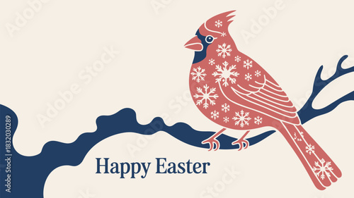 Stylized cardinal with snowflake pattern sits on a branch with happy easter text