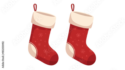 Vector Pair of Red Christmas Stockings with Snowflake Pattern