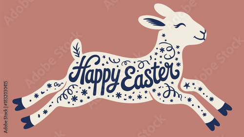 Joyful white lamb with happy easter text and decorative elements leaping on a muted rose background