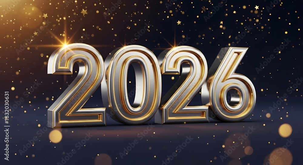 Naklejka premium Striking Platinum and Gold 3D Render of the Year 2026 Floating Above a Dark Textured Surface Embellized with Golden Sparkles and Bokeh Lights