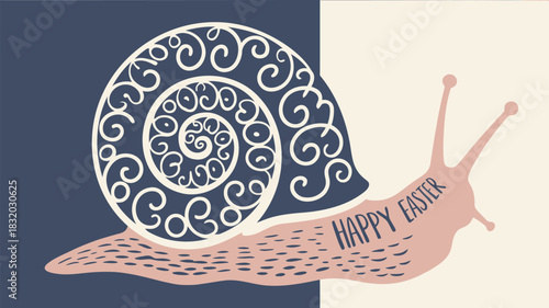 Whimsical snail with decorative shell and happy easter greeting on split background