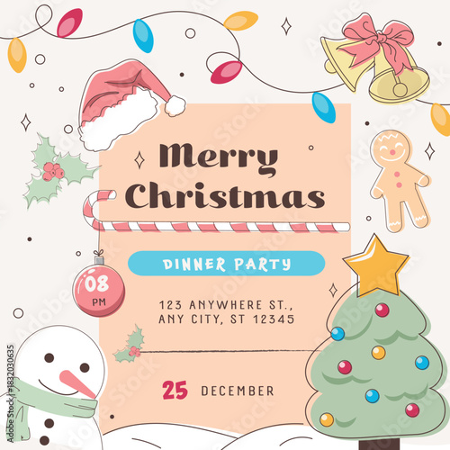 Invitation to a Christmas party featuring a Christmas tree, gingerbread man, snowman, vector illustration in doodle style