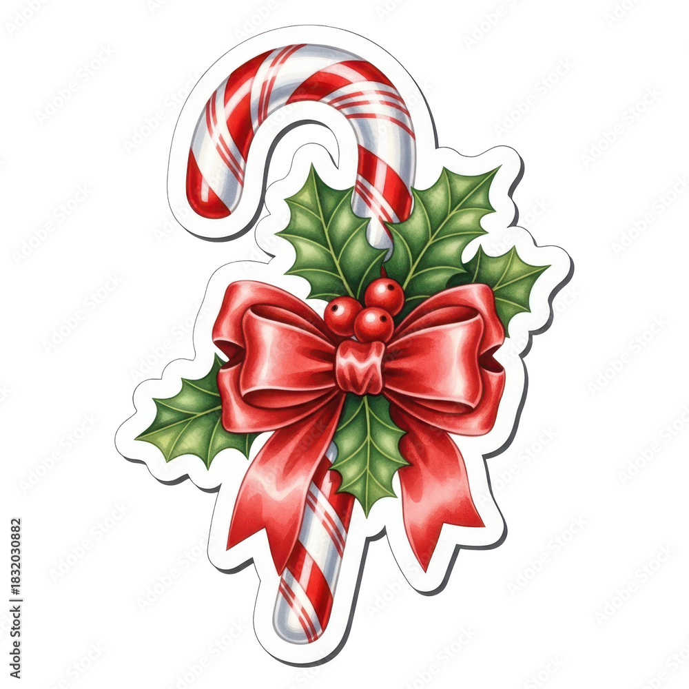 Fototapeta premium Festive Candy Cane: A beautifully illustrated candy cane, adorned with a festive red ribbon, a sprig of holly berries, and the classic candy cane stripes, evokes the cheer of Christmas.