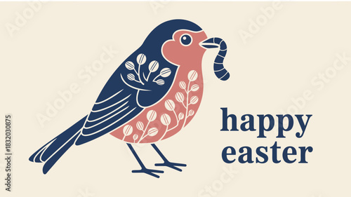 Stylized bird with a worm in its beak and decorative floral patterns wishing happy easter