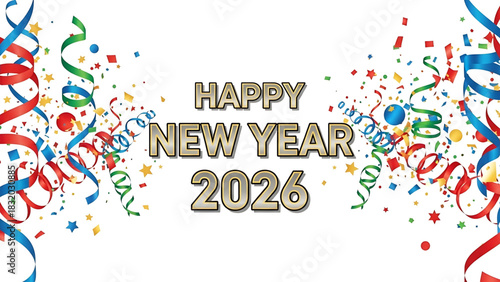 Festive New Year 2026 celebration background with colorful confetti and streamers