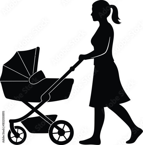 Silhouette of mother walking with stroller on white background