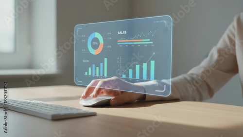 Financial analyst working with a futuristic augmented reality interface, scrolling through interactive charts, graphs, and statistics on a holographic display for data visualization and analysis