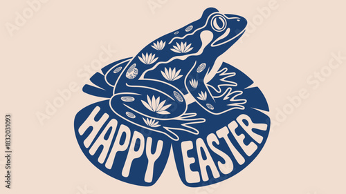 Stylized blue frog sitting on a lily pad with happy easter text below
