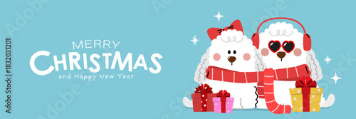 Merry Christmas and happy new year with cute couple dog in winter costumes and xmas gift. Animal holidays cartoon characters. -Vector