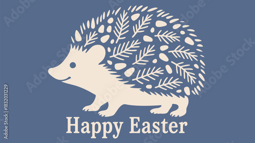 Cute stylized hedgehog with floral and egg pattern and happy easter text on blue background