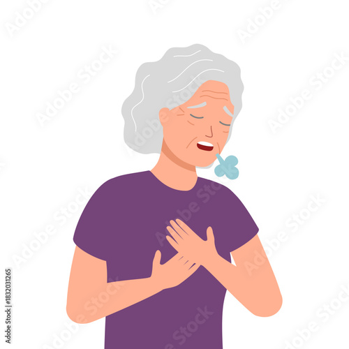 Senior women pressing against her chest with a shortness of breath symptom in flat design on white background. Difficulty breathing.
