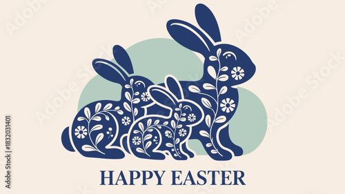 Happy easter greeting card featuring a family of stylized blue bunnies with floral patterns and soft pastel background