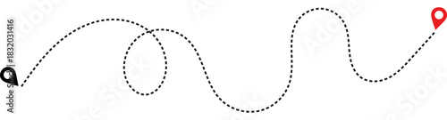 Dotted line path showing a winding route between two map location pins, one black and one red, isolated on transparent background
