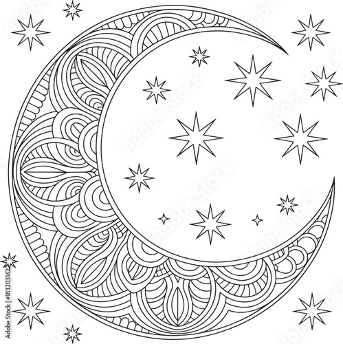 Intricate crescent moon with stars coloring page for adults and older children fun