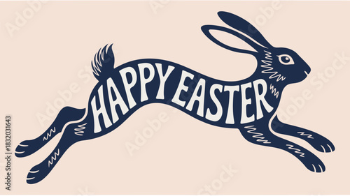 Stylized dark blue rabbit silhouette with happy easter text integrated into its body jumping against a pale pink background