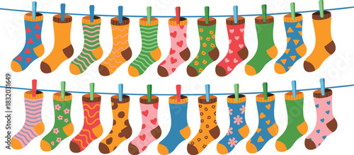 Colorful patterned socks hanging on clotheslines with hearts flowers shapes and cute decorative designs for playful vector illustration