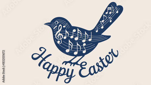 Chirping musical bird illustration with happy easter greeting in elegant script font