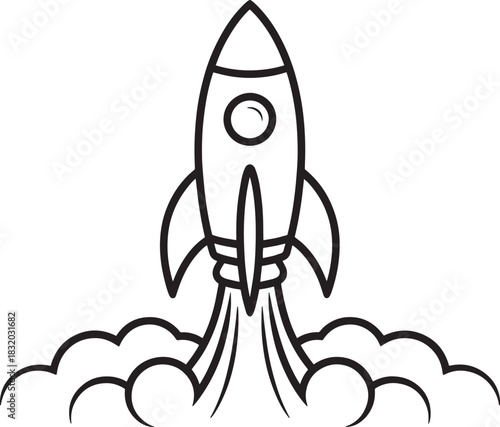 Line drawing of space rocket lifting off with plumes of smoke for cosmic project