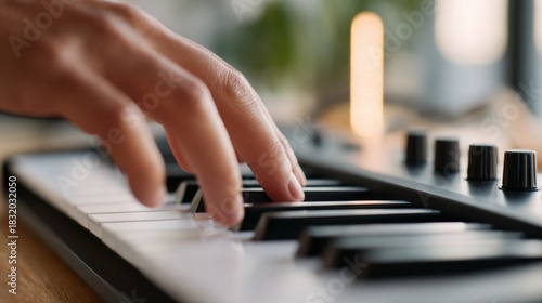 Melody Composition Close-Up of Hand Playing Piano Keyboard in Creative