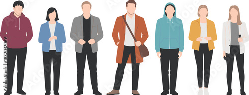 Casual and semi-formal silhouettes, diverse fashion styles, standing figure illustration, outfit reference vector, modern attire sketch pack