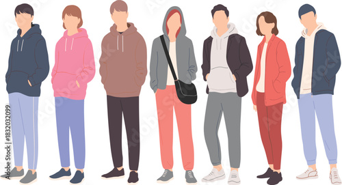 Casual fashion illustration, hoodie and jacket attire, youth style, standing pose, vector people, streetwear concept, stock image