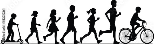 Childhood development silhouette, growth stages, physical activity, scooter and bicycle, walking and running, vector art, stock image