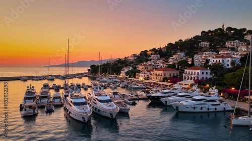 A coastal scene at sunset featuring yachts in a harbor with a hillside town