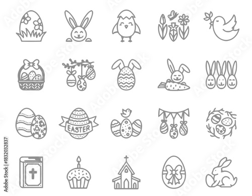 Collection of easter holiday icons and illustrations in a simple line art style