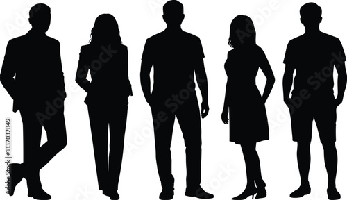 Diverse standing silhouettes, fashion and posture mix, casual and formal figure set, character style reference, vector people illustration