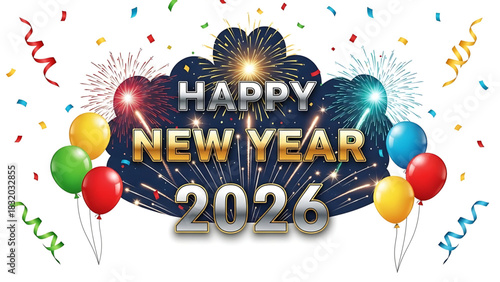 Festive Happy New Year 2026 Celebration with Fireworks and Balloons